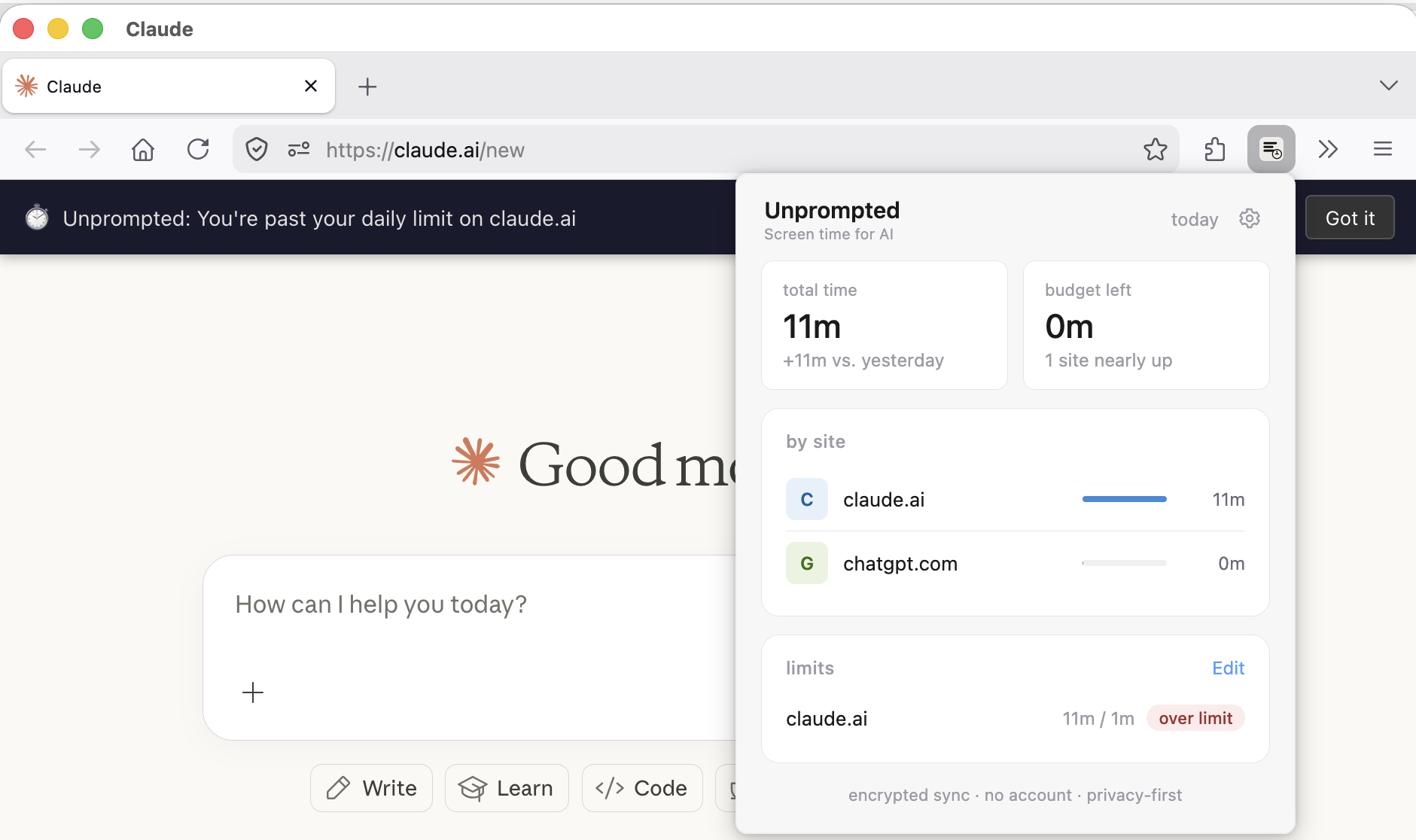 Unprompted showing usage limit nudge on Claude.ai